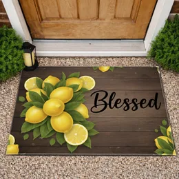 Blessed Script Yellow Lemons Green Leaves Rustic Wood Plank - Farmhouse Home Decor Gift Doormat