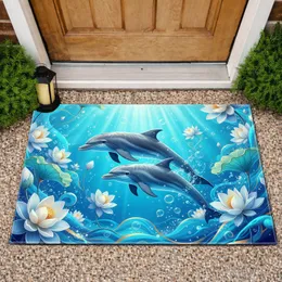 Vibrant Blue Water Swimming Dolphins Lotus Flowers - Ocean Wildlife Home Decor Gift Doormat