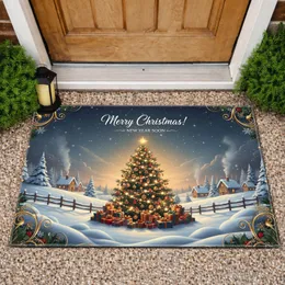 Merry Christmas New Year Tree Village Houses Snow Garlands - Festive Winter Holiday Decor Doormat
