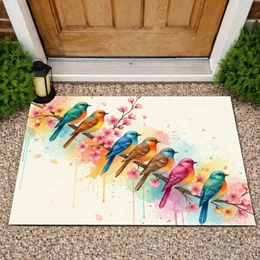 Multi-Colored Birds Pink Yellow Cherry Blossoms Branch - Home Decor Gift for Garden Lover Doormat