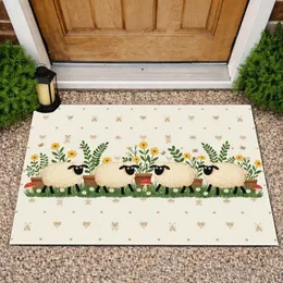 Four Fluffy Sheep Daisy Wildflower Meadow - Rustic Farmhouse Decor Gift Doormat