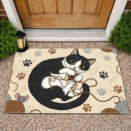 Black Cat Yarn Mouse Paw Prints Creamy Beige Background Home Decor Gift for Cat Lovers Doormat