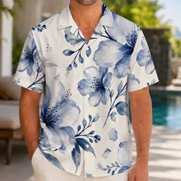 Indigo Blue Watercolor Floral Branches for Coastal Resort Vacations and Beach Getaways Hawaiian Shirt