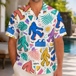 Colorful Bigfoot Silhouettes for Retro Beach Parties and Tropical Vacation Style Hawaiian Shirt