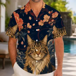 Japanese Tabby Cat Floral Night Motif for Tropical Festivals, Beach Travel, and Summer Hawaiian Shirt