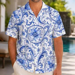Blue And White Acanthus Floral Medallions For Coastal Resort Vacation Wear For Men Hawaiian Shirt