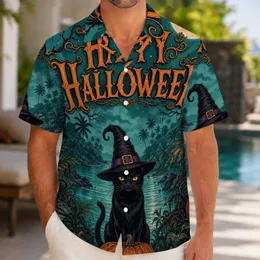 Black Cat Witch Hat Pumpkins Halloween Tropical Island Party Beach Vacation Outfit Men Hawaiian Shirt