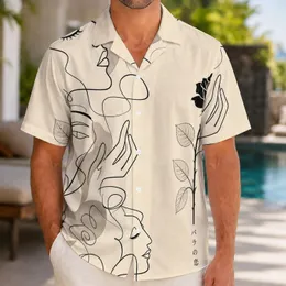 Abstract Line Faces And Botanical Rose Motif For Resort Travel And Creative Style Hawaiian Shirt