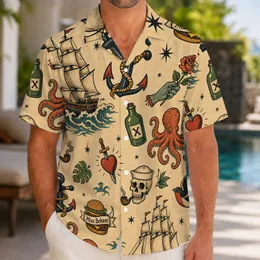 Vintage Nautical Tattoo Sailboat Anchor Octopus Motifs For Beach Cruise Weekends Hawaiian Shirt