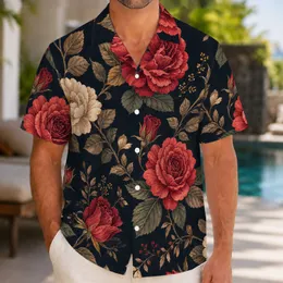 Dark Romantic Red Rose Botanical Garden Motif For Tropical Parties And Vacation Style Hawaiian Shirt