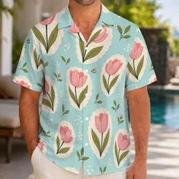Pink Tulip Botanical Floral For Tropical Vacation Resort Wear And Beach Getaway Style Hawaiian Shirt