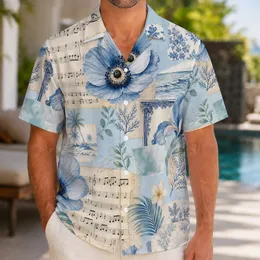 Vintage Blue Floral Music Manuscript Collage for Coastal Vacation Resort Travel Trips Hawaiian Shirt