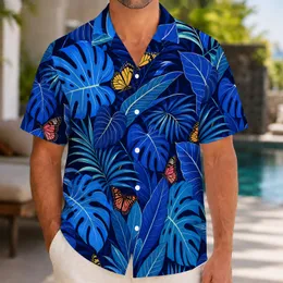 Midnight Blue Tropical Jungle Leaves And Butterflies For Beach Vacation Resort Men Hawaiian Shirt