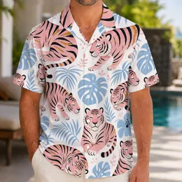 Pink Tiger And Blue Tropical Florals For Resort Beach Vacation Style Men And Women Hawaiian Shirt