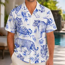 Cobalt Blue Tigers With Bamboo Motifs For Tropical Vacation Resort Style For Men Hawaiian Shirt