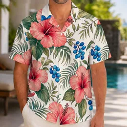 Coral Hibiscus And Blue Berries Tropical Botanical Beach Resort Vacation Wear For Men Hawaiian Shirt