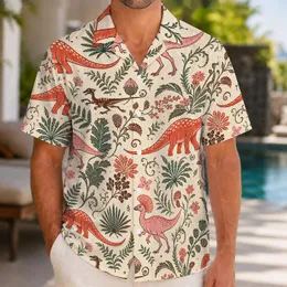 Coral Dinosaur Tropical Botanical Garden Resort Vacation Button Down For Men Hawaiian Shirt