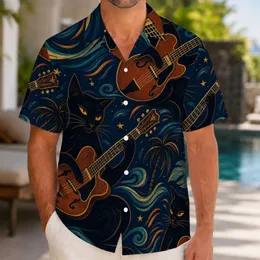 Midnight Black Cats Playing Guitars for Tropical Jazz Nights and Music Lover Style Hawaiian Shirt