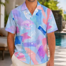 Abstract Tropical Brushstrokes For Resort Vacation Wear In Powder Blue Coral And Magenta Hawaiian Shirt