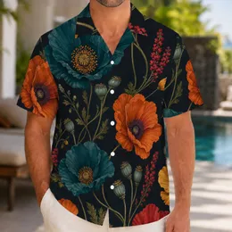 Teal And Orange Botanical Poppy Meadow For Beach Vacations, Resort Travel And Casual Wear Hawaiian Shirt
