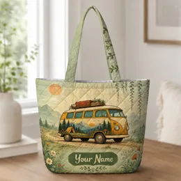 Vintage Camper Van Mountain Adventure Travel Gift For Campers And Road Trip Lovers Quilted Tote Bag