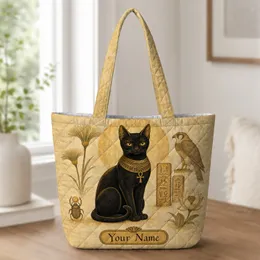 Vintage Egyptian Black Cat With Name Cartouche Gift For Cat Lovers And Travel Lovers Quilted Tote Bag