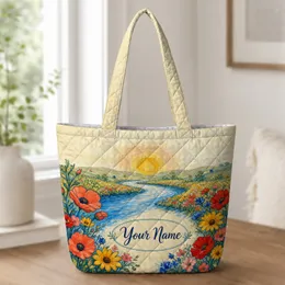 Golden Sun River Wildflower Landscape for Everyday Travel and Art Loving Women Gifts Quilted Tote Bag