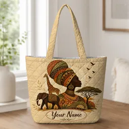 African Woman Silhouette With Safari Animals For Travel, Work And Everyday Style Quilted Tote Bag