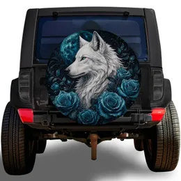 White Wolf And Blue Roses Gothic Moon Outdoor Adventure Gift For Wolf And Nature Lovers Spare Tire Cover