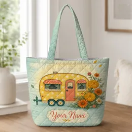 Vintage Travel Trailer With Marigold Garden Gift For Camping Lovers And Road Trips Quilted Tote Bag