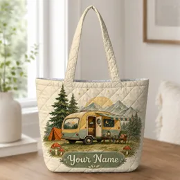 Retro Micro Camper And Pine Trees For Camping Trips And Outdoor Adventure Lovers Quilted Tote Bag