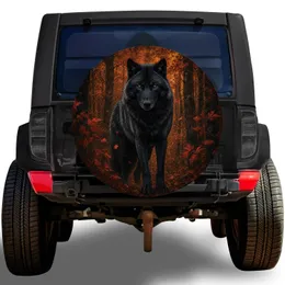 Black Wolf Autumn Forest Outdoor Adventure Camping Travel Accessory for Wildlife Lovers Spare Tire Cover