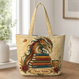 Autumn Dragon With Antique Books Reading Companion Gift for Fantasy Book Readers Quilted Tote Bag