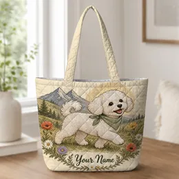 Fluffy White Dog Alpine Meadow Gift for Dog Moms and Everyday Adventures and Travel Quilted Tote Bag