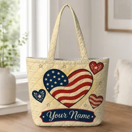 Patriotic American Flag Heart for Fourth of July Travel, Work, and Everyday Style Quilted Tote Bag
