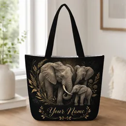 African Elephant Family With Gold Botanicals For Everyday Carry And Wildlife Lovers Quilted Tote Bag
