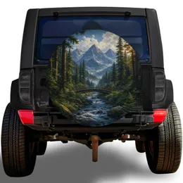 Evergreen Mountain Valley Bridge Scene For RV Camping And Outdoor Road Trip Adventures Spare Tire Cover
