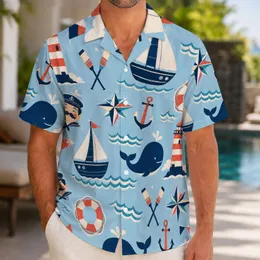 Retro Nautical Boats Whales Anchors For Beach Vacation Cruise Travel Mens Resort Wear Hawaiian Shirt