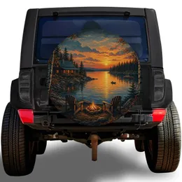 Rustic Lakeside Cabin Sunset Scene For Camping RV Adventures And Outdoor Travel Spare Tire Cover