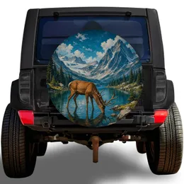 Deer Drinking Alpine Lake Wildlife Scene for Mountain Road Trips and Outdoor Adventures Spare Tire Cover