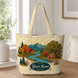 Autumn Mountain River Camp Scene for Weekend Getaways and Nature Loving Travelers Quilted Tote Bag