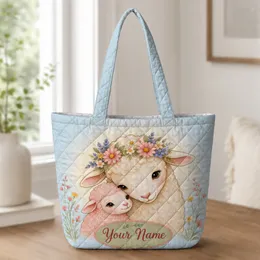 Mother Ewe And Pink Lamb Floral Meadow Gift For Spring Baby Shower And Nursery Decor Quilted Tote Bag