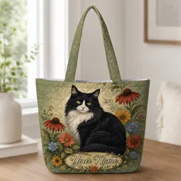 Tuxedo Cat With Autumn Flowers For Weekend Travel, Markets And Garden Lover Gifts Quilted Tote Bag