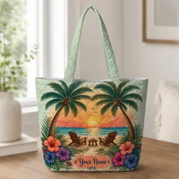 Bohemian Tropical Beach Sunset With Palms for Vacation Travel and Resort Getaways Quilted Tote Bag