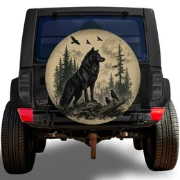 Black Wolf And Moonlit Pine Forest For Camping Adventures And Outdoor Wildlife Lovers Spare Tire Cover