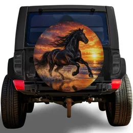 Black Horse Galloping At Sunset Beach For Coastal Road Trips And Equestrian Fans Spare Tire Cover
