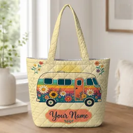 Vintage Rainbow Camper Van Floral Road Trip Travel Accessory for Camping Enthusiasts Quilted Tote Bag