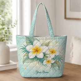 Tropical Plumeria Floral Beach Travel Gift for Women Boho Weekend Getaway Look Quilted Tote Bag