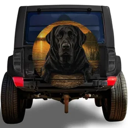 Black Labrador At Sunset Lake Dock For Camping And Outdoor Adventure Nature Lovers Spare Tire Cover