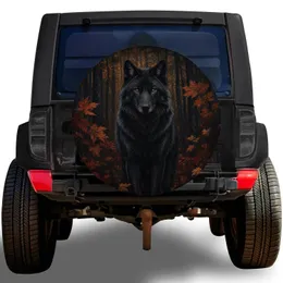 Black Wolf Autumn Forest Wildlife Scene for Camping Adventure Outdoor Enthusiasts Spare Tire Cover